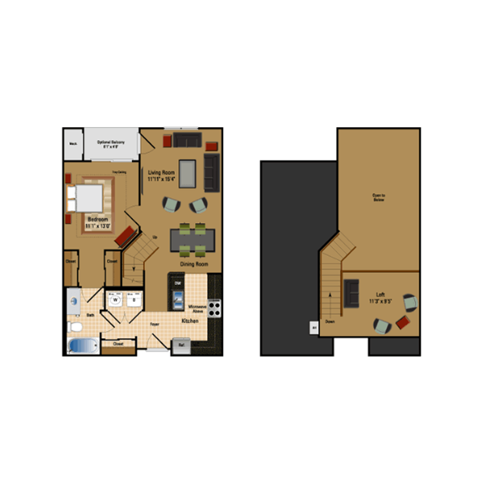 Floor plan for 1 bed, 1 bath, 858 sqft